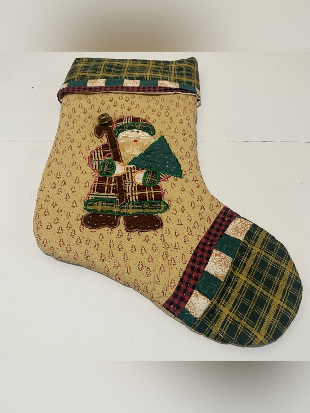 Vintage Handmade Quilted Christmas Stocking Patchwork Santa Tree 16in Primitive